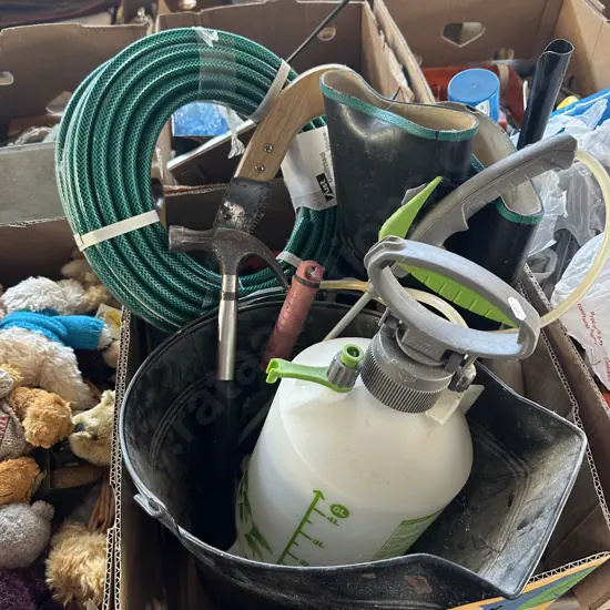 coal bucket, hose, pruning saws, hammer, gumboots etc