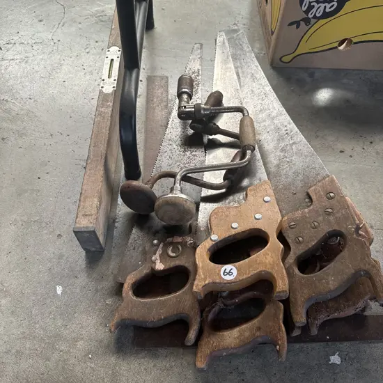 vintage saws, drills and level