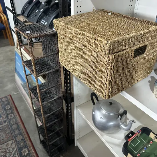 wicker basket and DVD stand