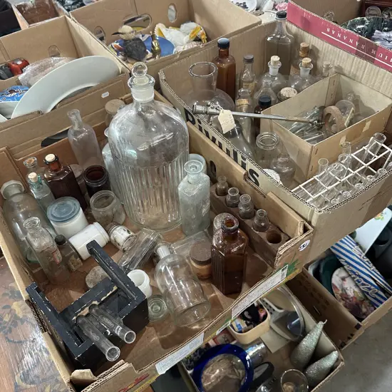 Two boxes of bottles and test tubes etc.