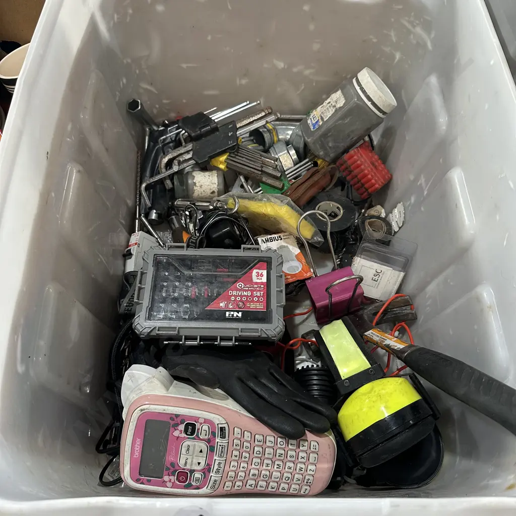 Lidded bin with hardware, headlamp, hex shank bits and allen keys etc. Image 1++
