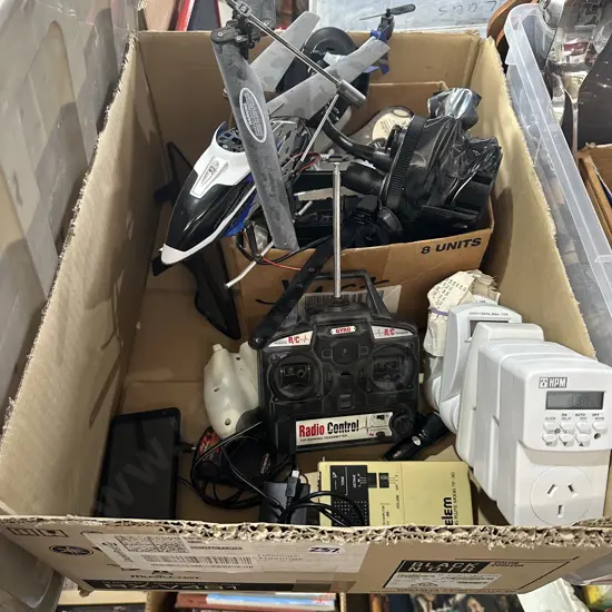 Box lot remote helicopter, cellphone, time clock switched sockets etc.