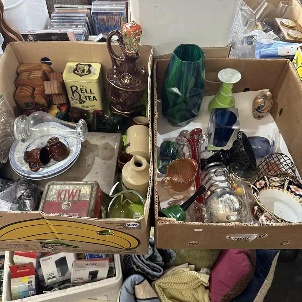 Two boxes metal box, china, art glass, hair clipper set etc. Image 1++