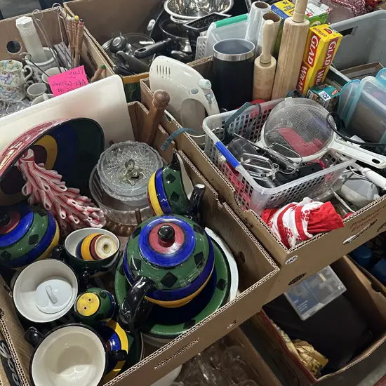 Two boxes dinnerware, electric mixer, glad wrap etc.
