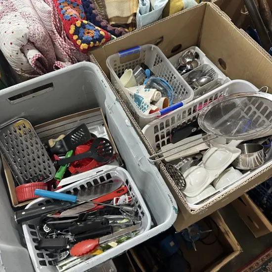 Two boxes cutlery and utensils etc.
