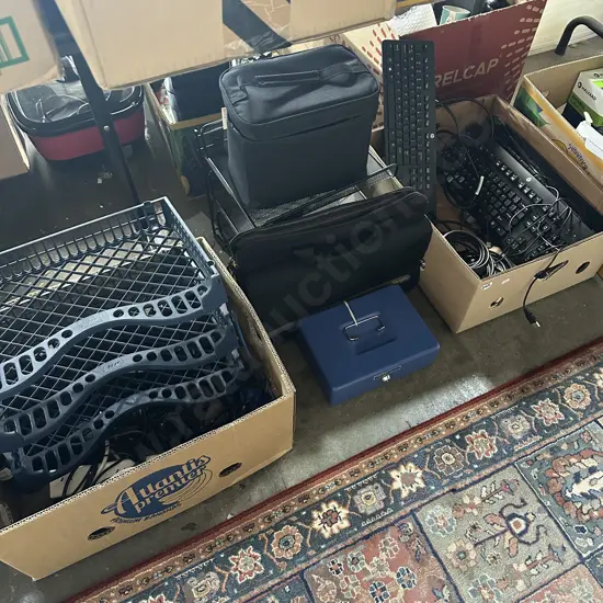 Three keyboards, lockable cashbox, laptop bag, lots of headsets and mouses etc
