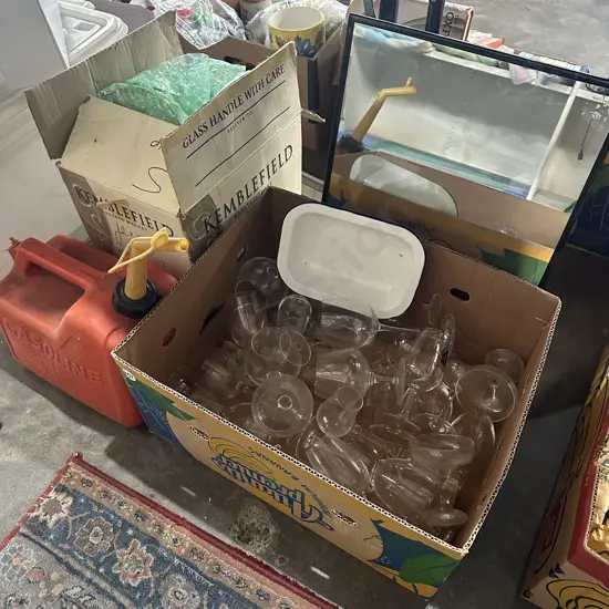 Box of glassware, Jerry can, mirror, enamelware etc.