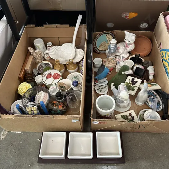 Two boxes of ornaments etc.