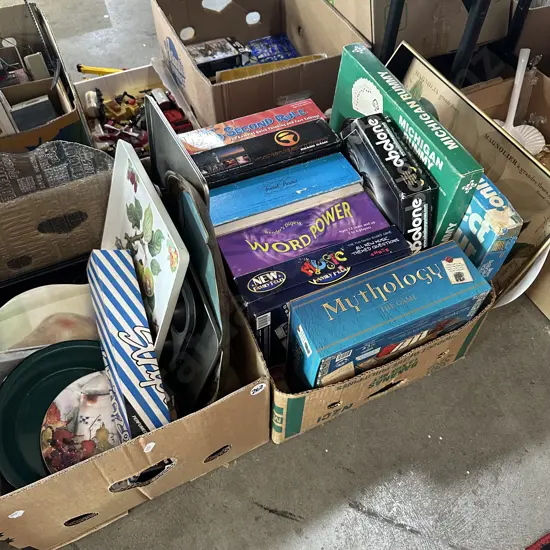 Two boxes games, trays and bakeware etc.