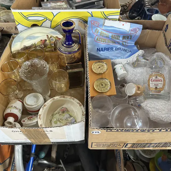 Two boxes glassware, Royal Doulton plate and Bunnykins bowl etc.