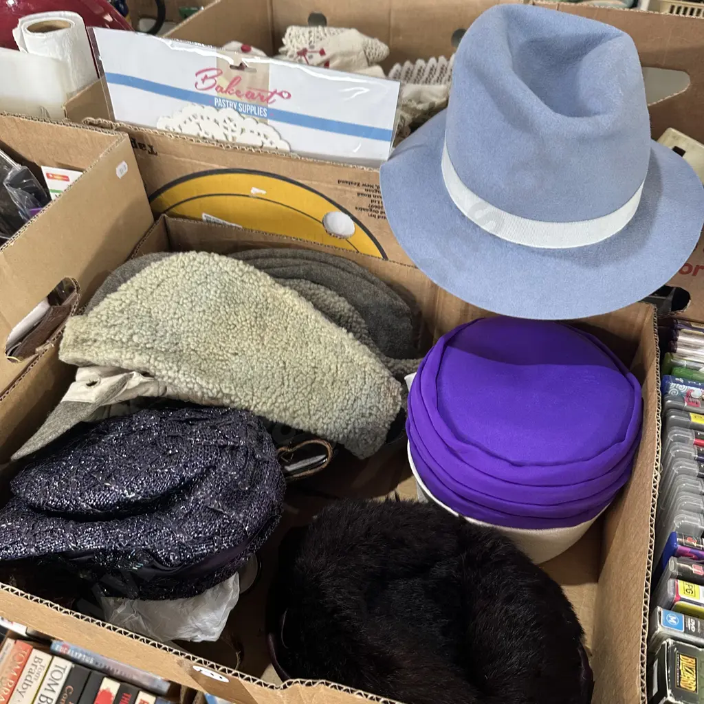Box of assorted hats including felt. Image 1++