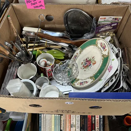Box lot of english plates, cutlery plus art cutting pads etc.