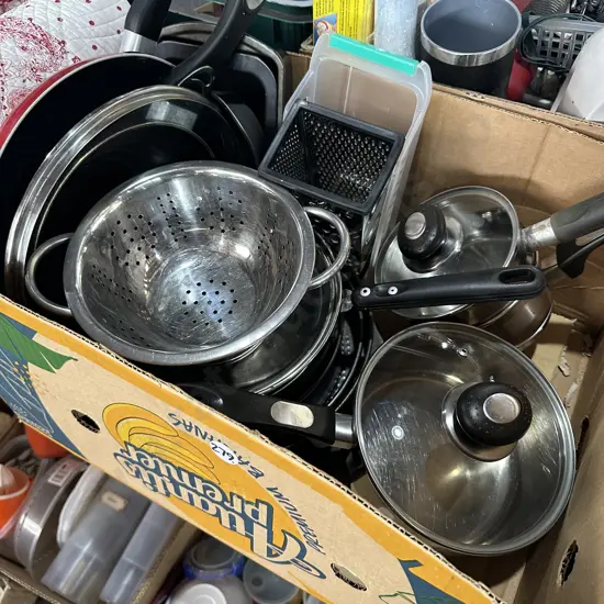 Box of lidded pots, baking, frying pans etc.