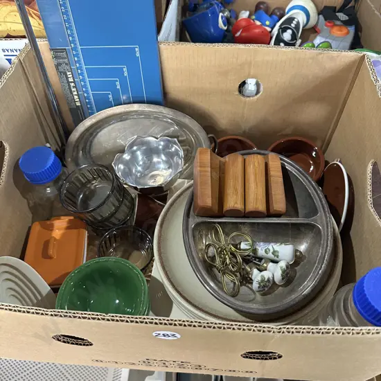 Box of silverware, dinnerware including arcopal ramekins etc.