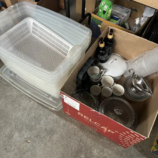 Box lot of kitchenware plus 3 bins and one lid.