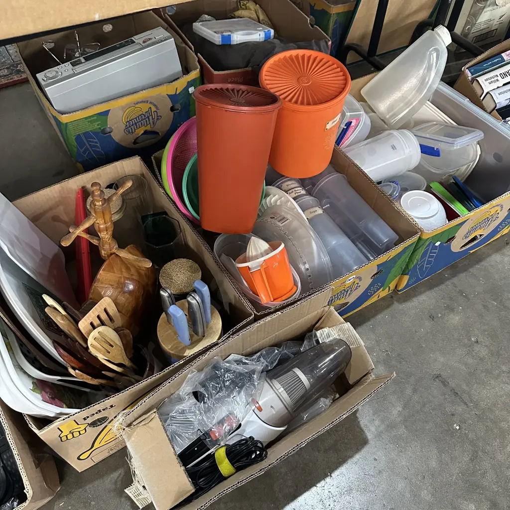 Three boxes of pantry containers, knife block, plus handy vac etc. Image 1++