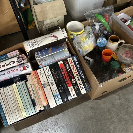 Two boxes books, new fishing line, decorative gravel etc.