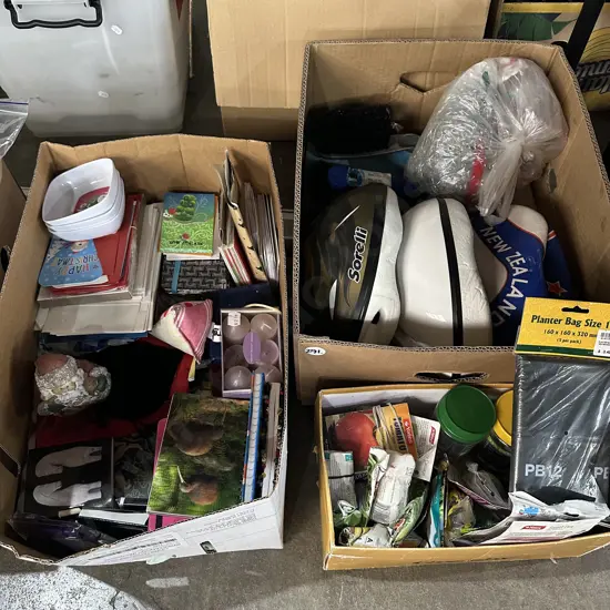Three boxes craft, cards, notebooks, seeds and new planter bags etc.