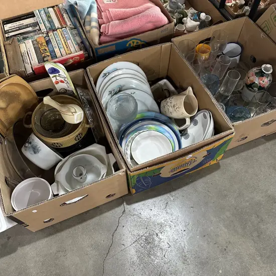 Three boxes glassware, plates including Temuka etc.