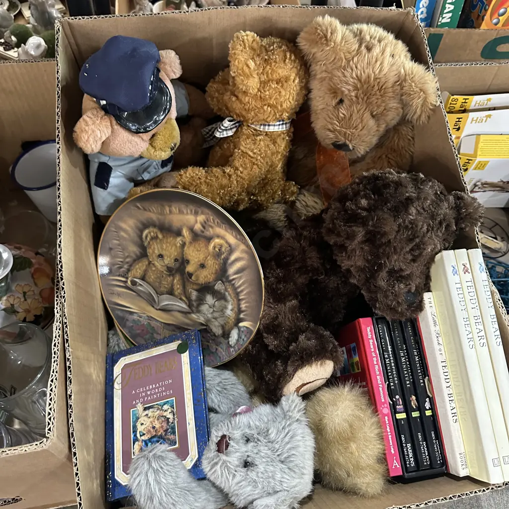 Box of Teddy bears, teddy books, teddy wallplates. Image 1++