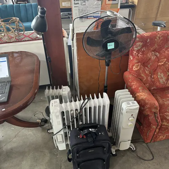 fan, 2 lamps, 3 heaters, travel case