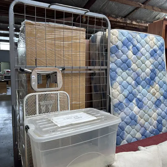 single bed, trundle, bin, iron board etc