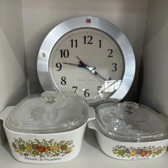 clock and 2 casserole dishes