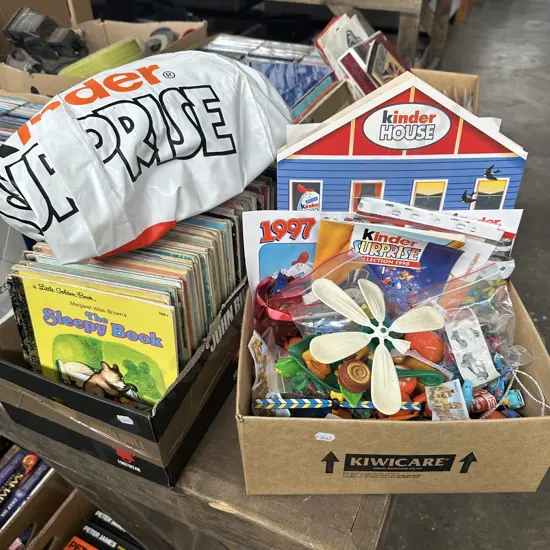 Box full of little golden books plus collectable toys and kinder surprise etc.