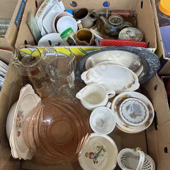 Two boxes silverware, pottery, water jugs etc.