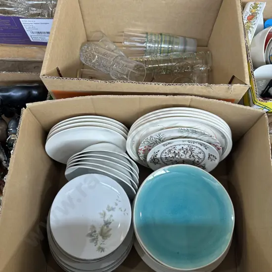 Two boxes plates and glasses.