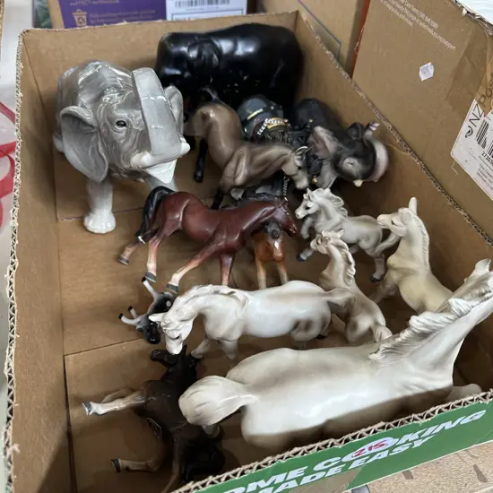 Box of animal ornaments.