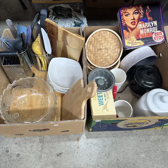 Two boxes breadboards, chocolate Melter, utensils etc.