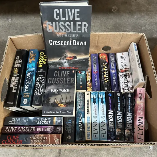 Box of good books including Clive Cussler etc.