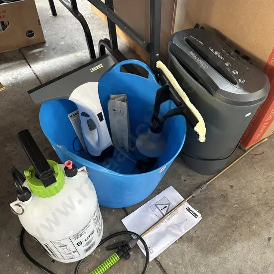 Paper shredder, Karcher window vac,carry bin and 5L sprayer.