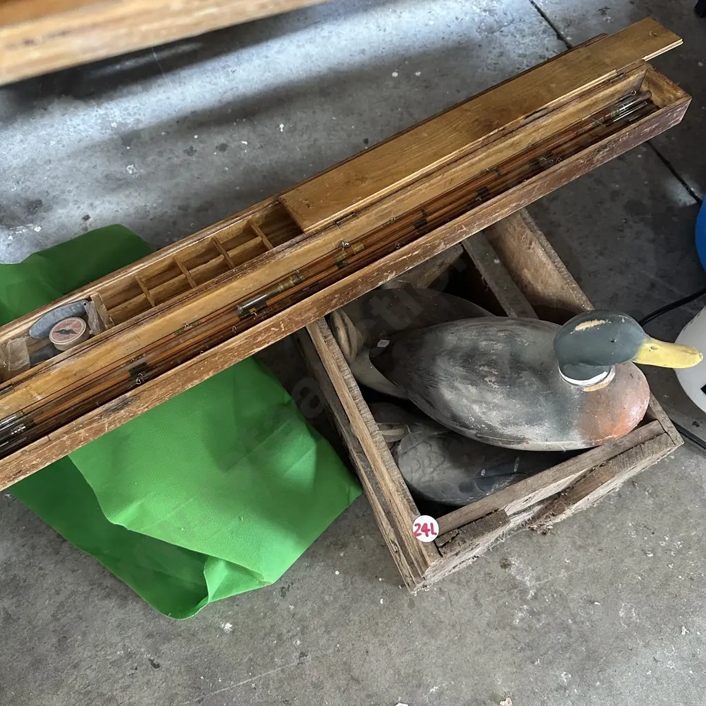 Cane split fishing rod parts in a wooden case plus beer crate and three duck decoys. Image 1++