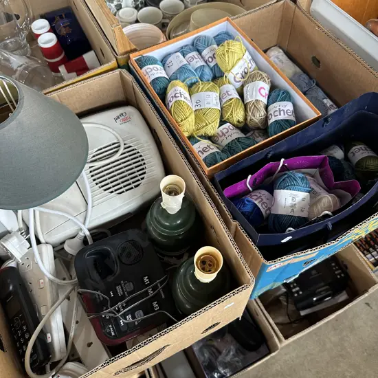 Two boxes large selection of wool, heater and pair of lamps etc.