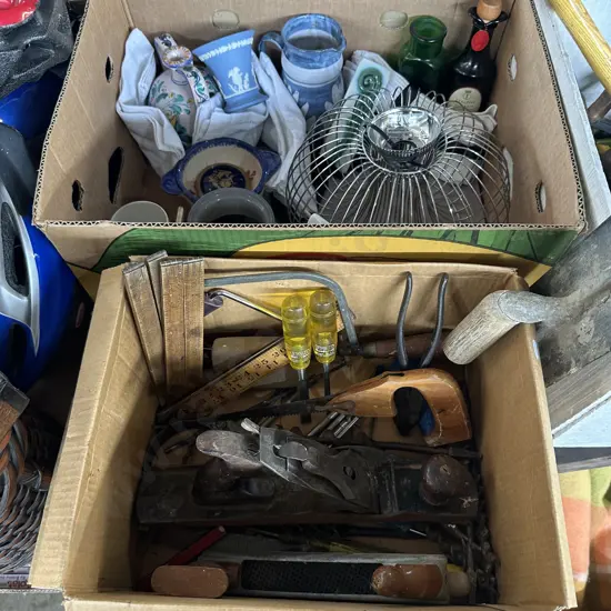 Two boxes tools and collectables including wedgewood.
