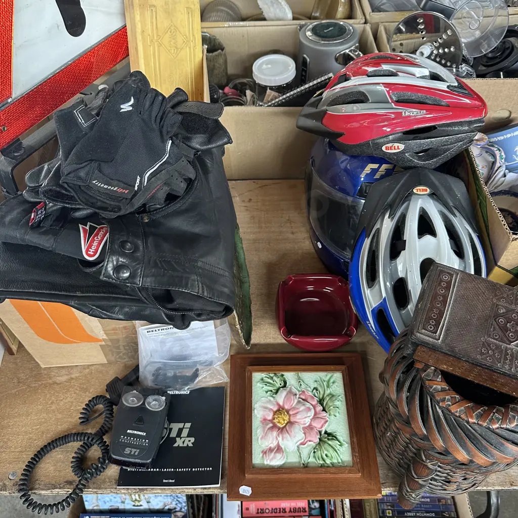 Motorbike helmet gloves and pants, Digital radar detector, roadside warning etc. Image 1++