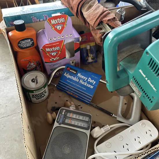 Box lot hedge cutter, drain cleaner, clear polyurethane etc.
