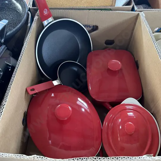 Three casserole dishes plus two as new frying pans.