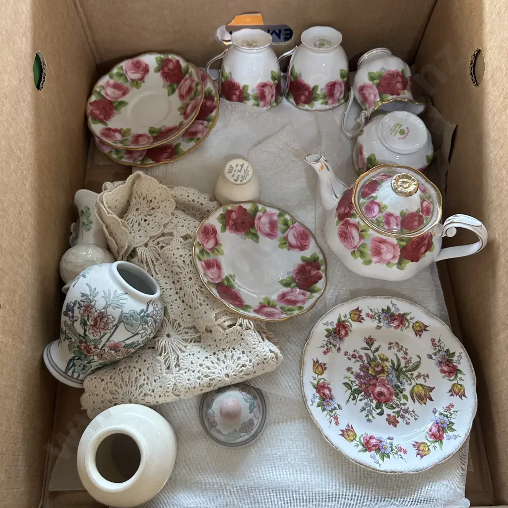 Box of english china including Royal Albert Old English Rose. Image 1++