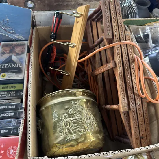 Wine rack, extension lead, brass planter, work light etc.