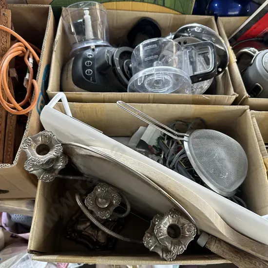 Two boxes kitchen wizz, silver candle stick, mixer, breadboard etc.