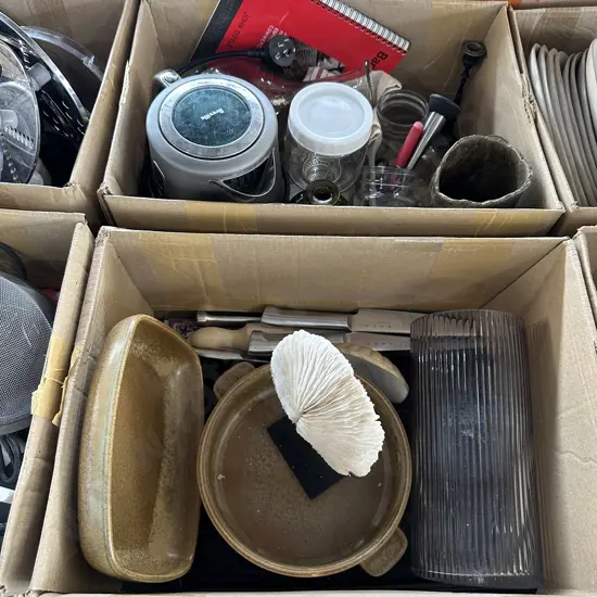 Two boxes Temuka, Smeg knives, candle sticks etc.