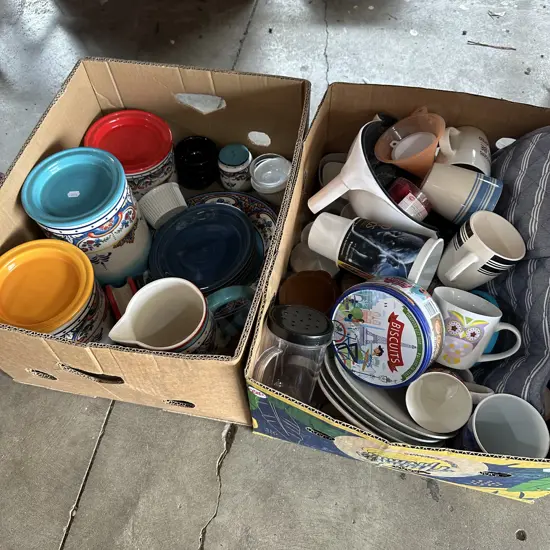 Two boxes, colourful creamic storage containers plate cup jug etc.