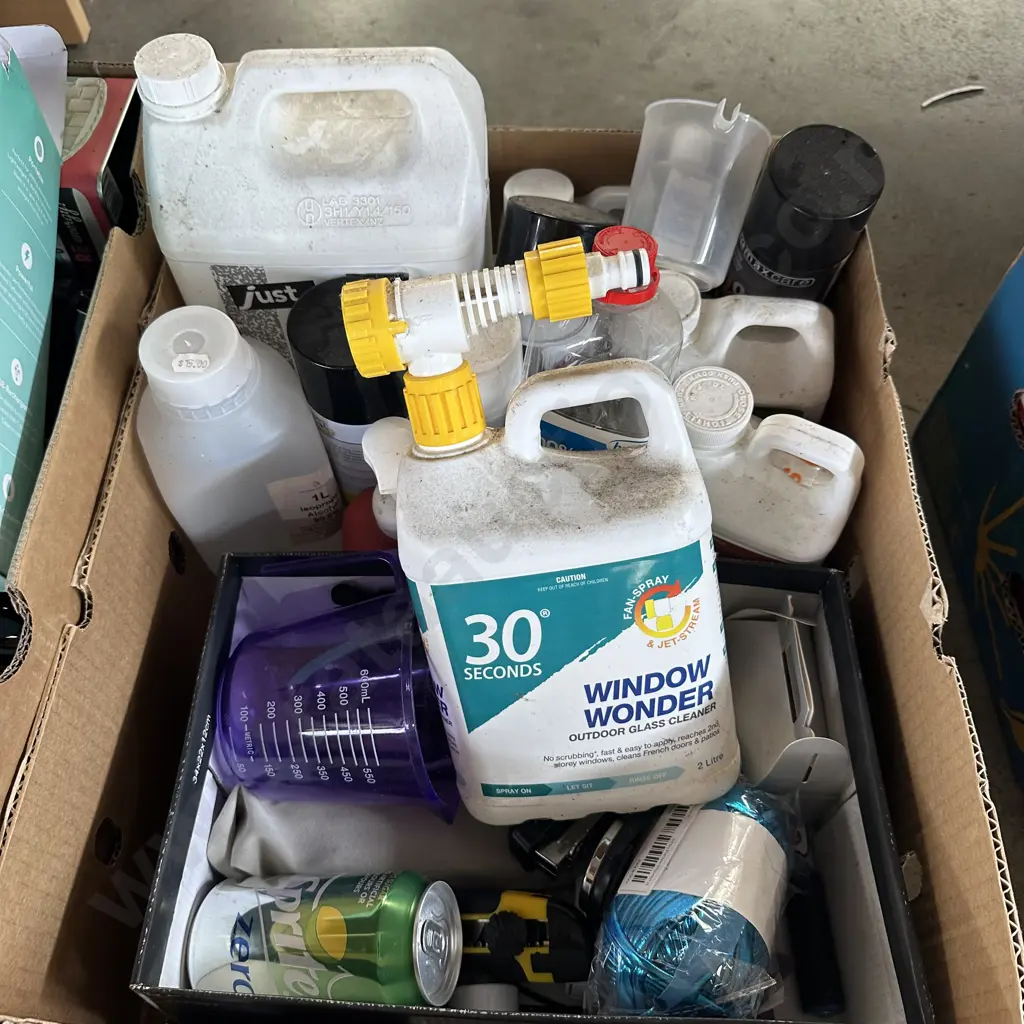 Box of cleaners, weed spray, turps etc. Image 1++