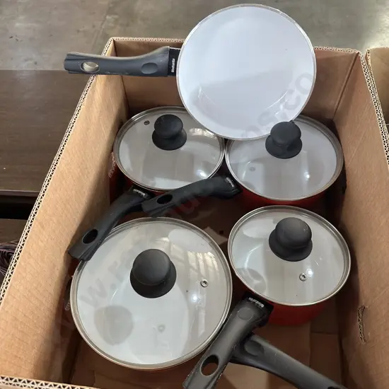Box lot of Brabantia lidded pots and frying pan.