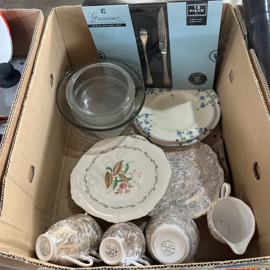 Box of english china and steak cutlery set etc.