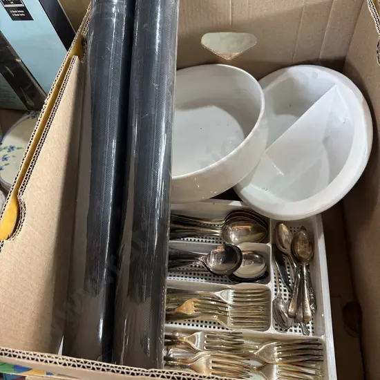 Box of cutlery, weedmat etc.