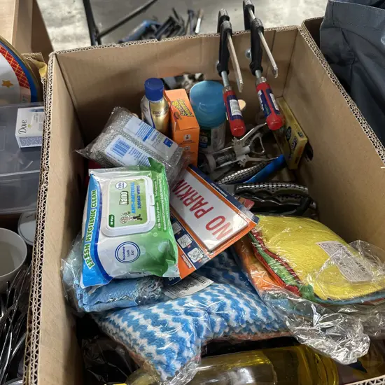 Box of cleaners, knives, two clamps etc.